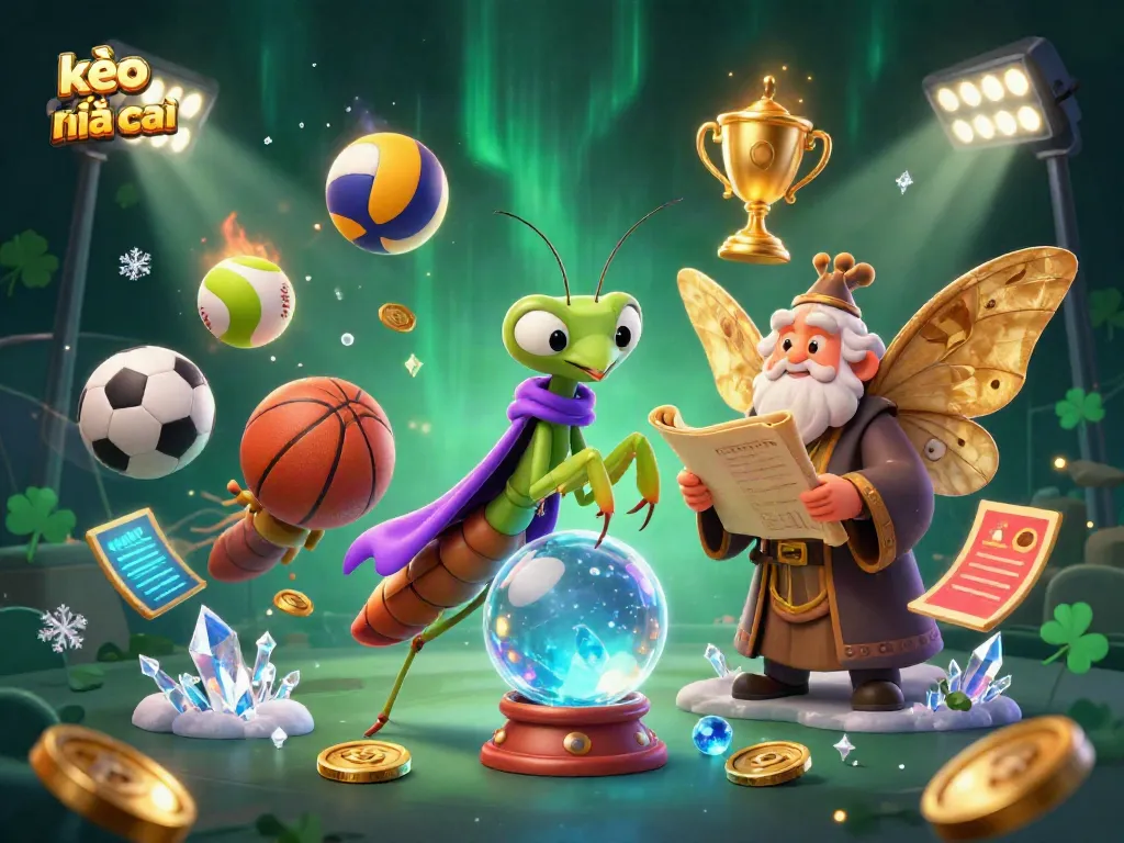 Engage in sports betting excitement with kèo nhà cái's vibrant 3D illustration featuring fortune tellers and sports elements.