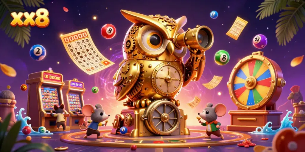 Experience excitement with xx8 in a vibrant casino scene featuring a golden owl and lively lottery elements.