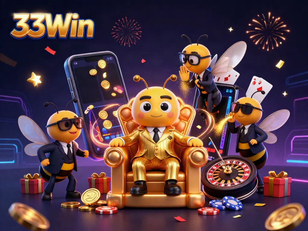 Experience the thrill of 33Win with a vibrant casino scene featuring whimsical characters and dynamic gaming elements.