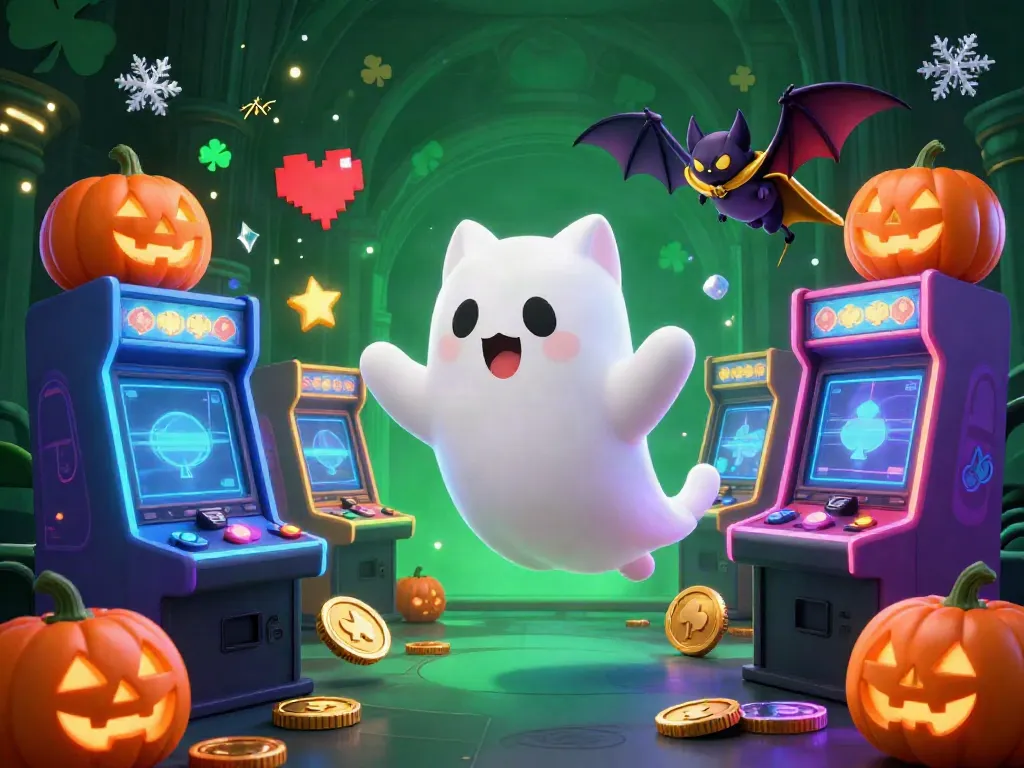 Play thrilling slots at xx8 in a haunted casino with a ghost cat and glowing jack-o-lanterns.