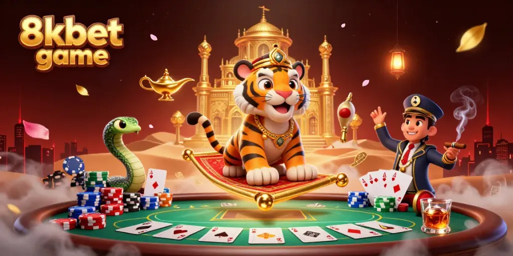 Experience thrilling 8xbet game action with a vibrant scene of a tiger sultan and casino elements.