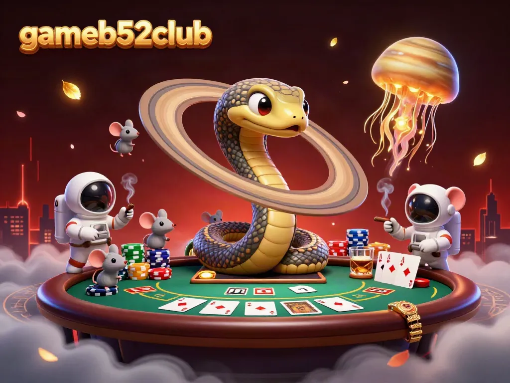 Engage with gameb52club's cosmic adventure as astronaut mice place bets on a roulette wheel made of Saturn's rings.