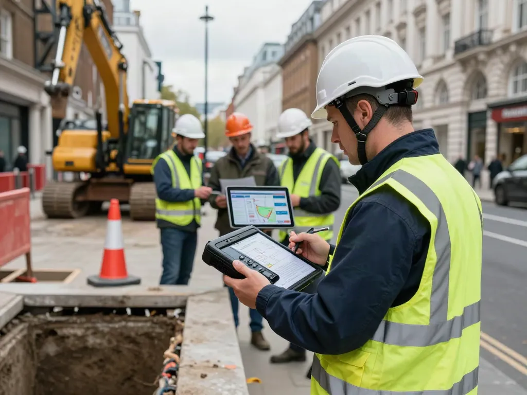 Utility Mapping London: Surveyor examining underground utilities in a busy London street, showcasing professional equipment and urban landscape.