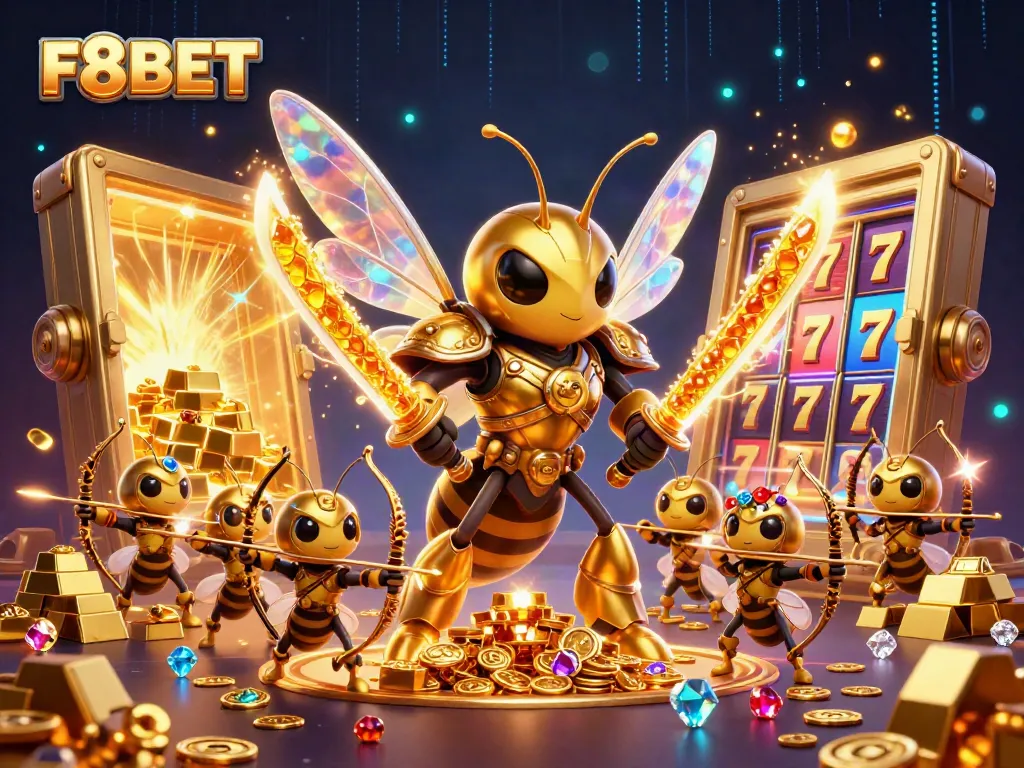 Engage with F8BET's dynamic casino experience featuring a golden hornet and treasures.