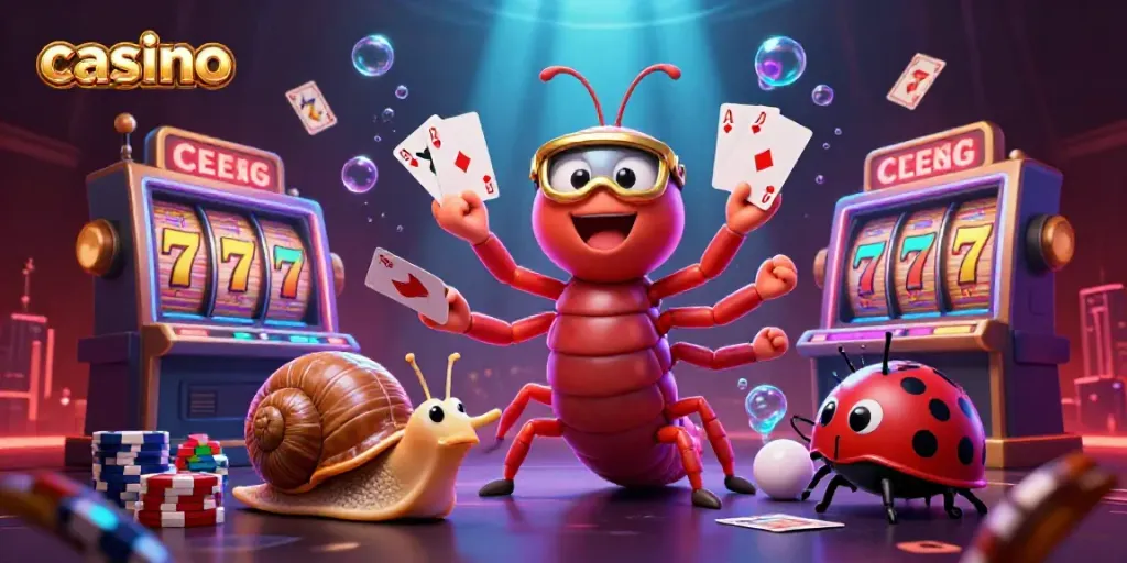 Casino scene with a millipede dealer and a high-roller snail amidst slot reels and jackpots.