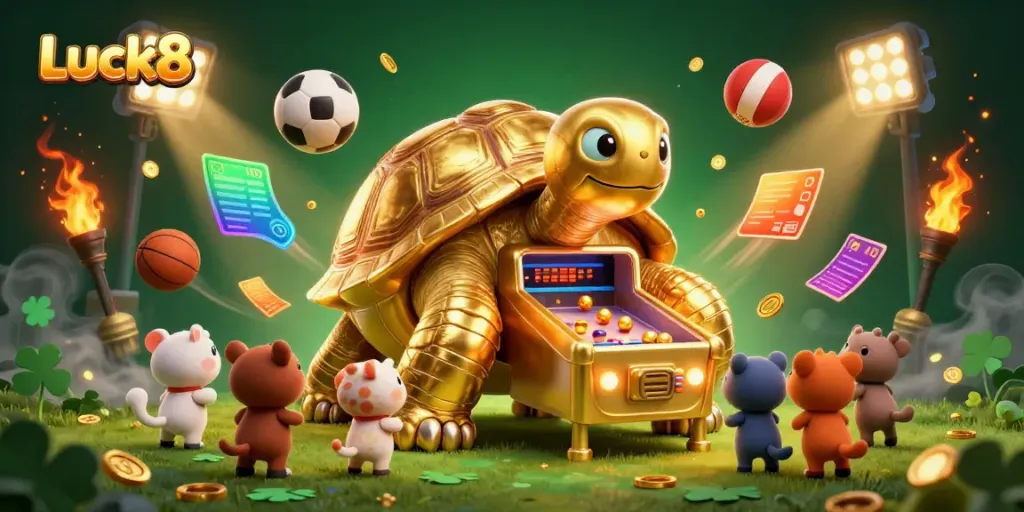 Experience the thrill of Luck8 with a vibrant 3D illustration featuring a golden tortoise and dynamic gaming elements.