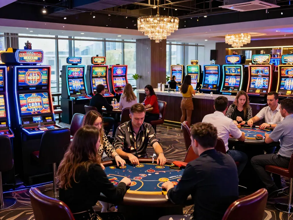 Engaging scene in an online casino not on Gamstop, showcasing vibrant gaming activities and diverse players celebrating.