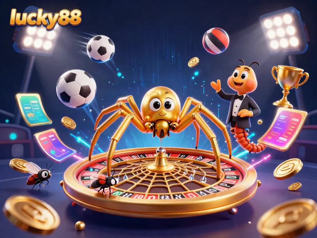 Exciting lucky88 casino scene with a golden spider, sports balls, and neon lights.