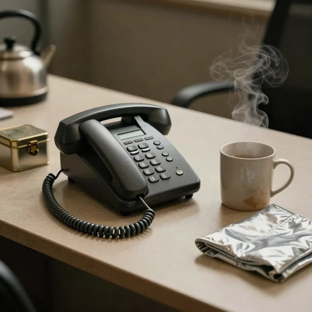 Claims desk still life with corded phone, spill-kit tin, emergency blanket, cracked mug and steam