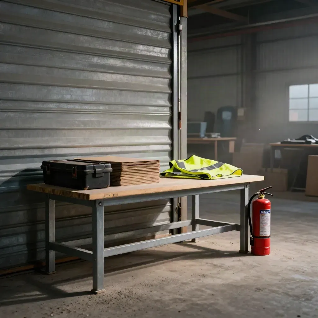Workshop bench with stock boxes, tool case, hi-vis vest and extinguisher in warm warehouse light