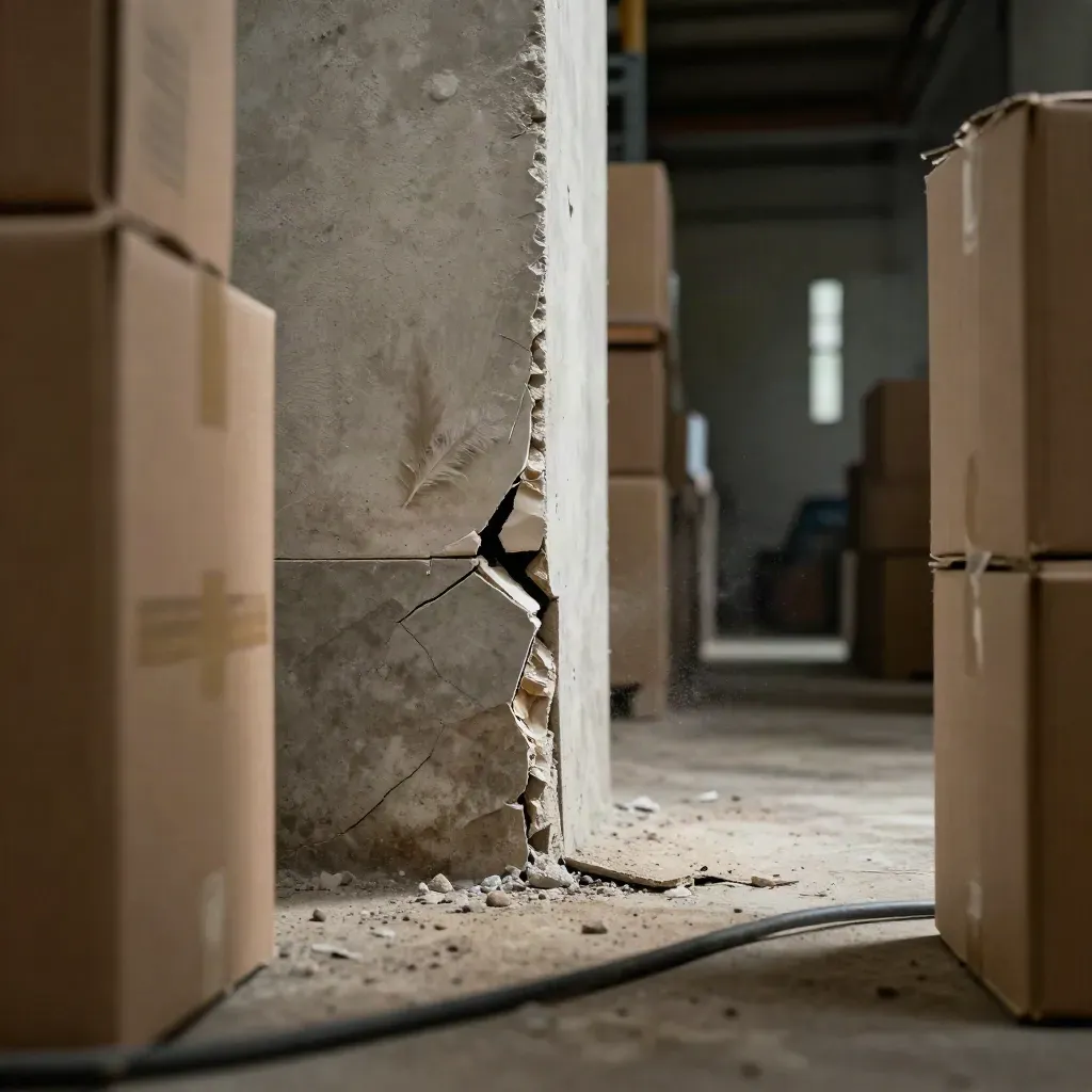 Cracked warehouse tile at a wall junction with boxes, cable and a small water stain under inspection light.