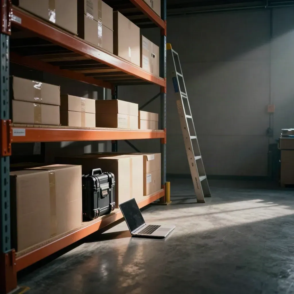 Warehouse shelf with boxed stock, drill case, laptop and ladder shadow in morning light.