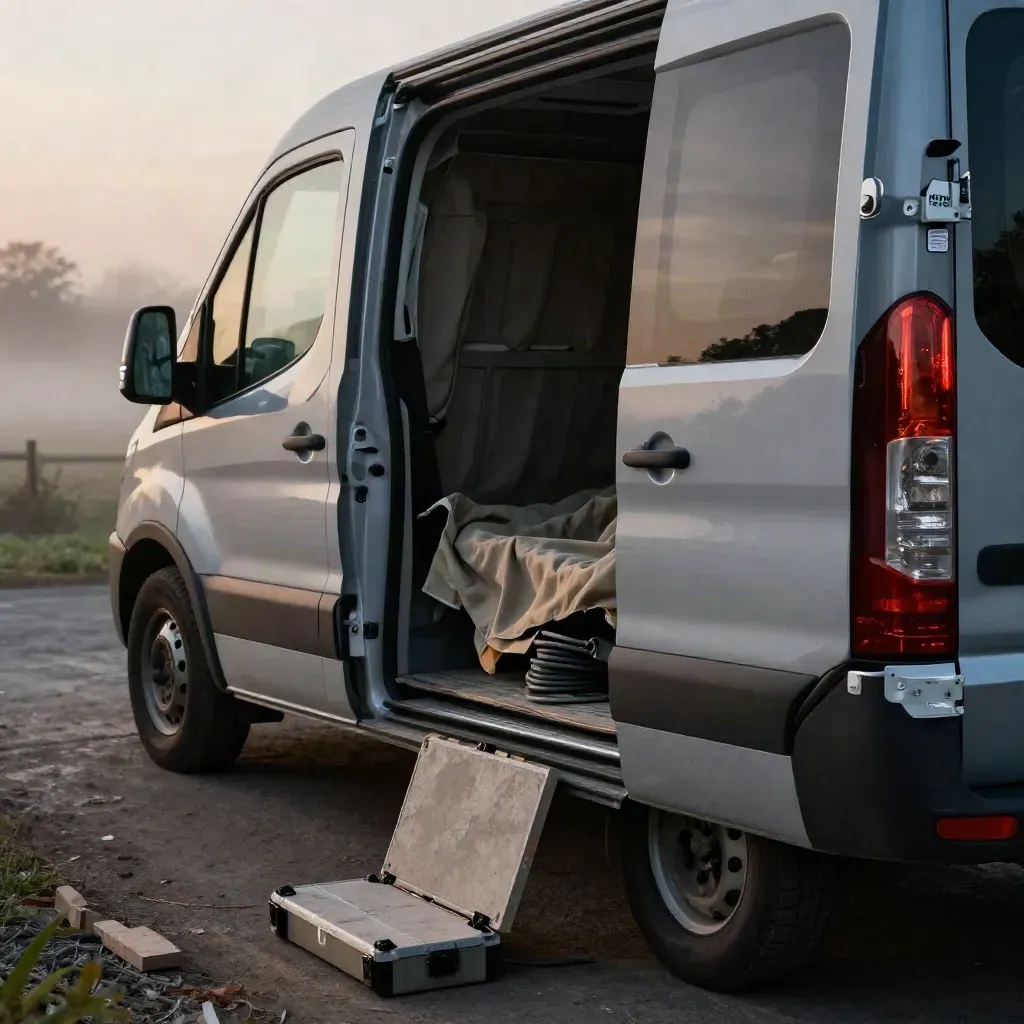 Builder's van side door opening at dawn with trade gear and misty air.