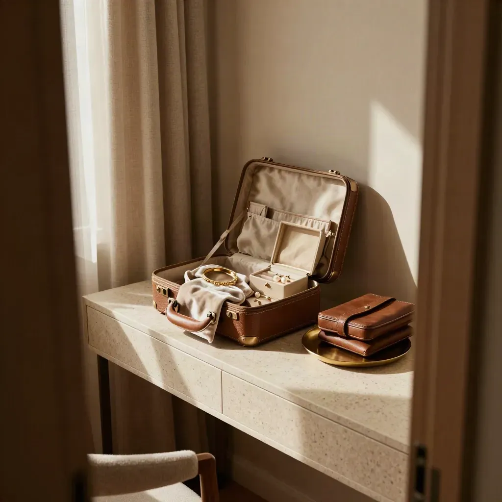 Open suitcase, jewellery box and travel case on a dressing table by window light