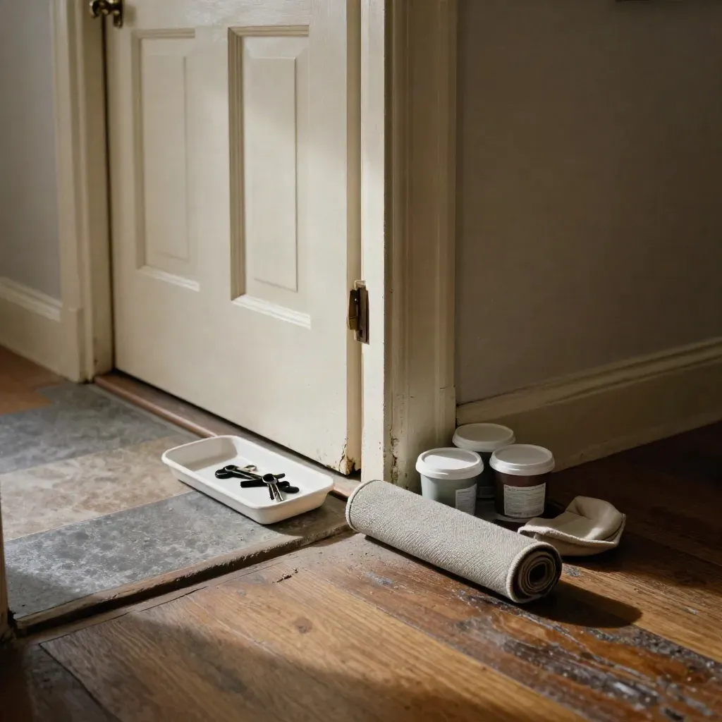 Low-angle hallway with keys, paint pots, chipped skirting and a doorstop by a flat threshold.