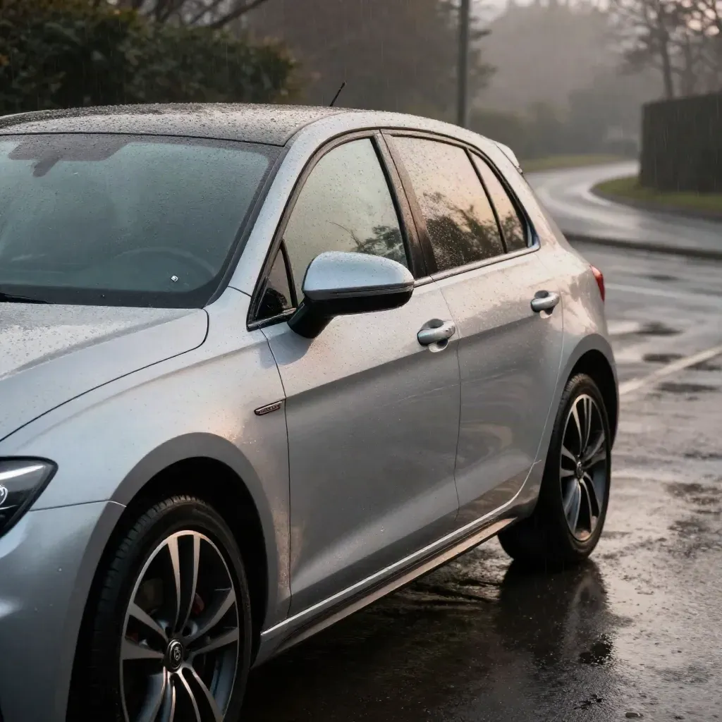 Silver car in drizzle with ajar door, wet bonnet, and mirror reflecting the road