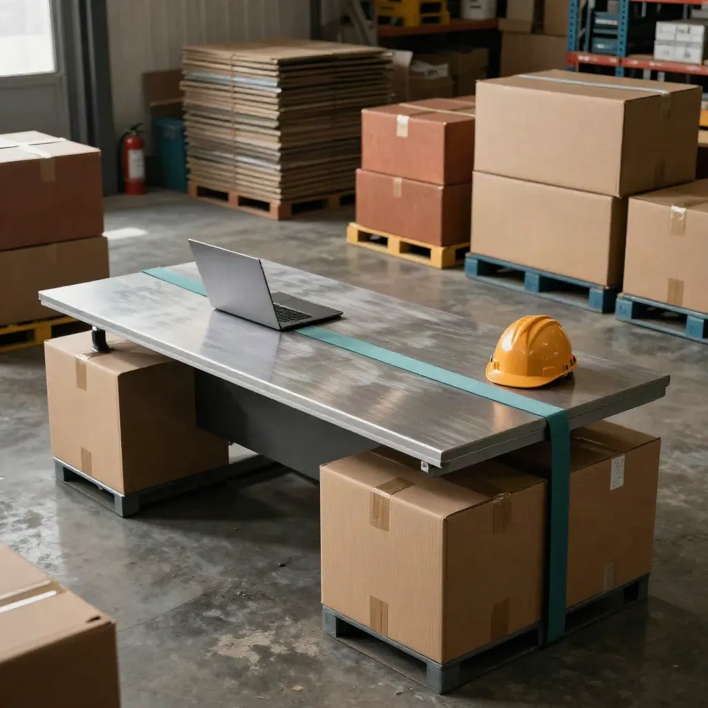 Warehouse risk desk with stock boxes, closed laptop, hard hat and extinguisher in soft haze.