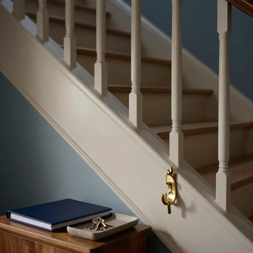 Side-on stair landing with coat hooks, keys, closed folder and tray in quiet evening light.