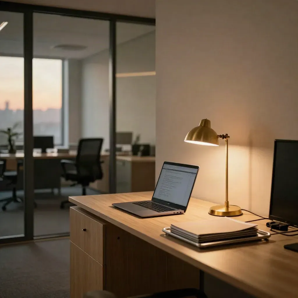 After-hours insurance office workstation with closed laptop, turned monitor and brass lamp in warm evening light
