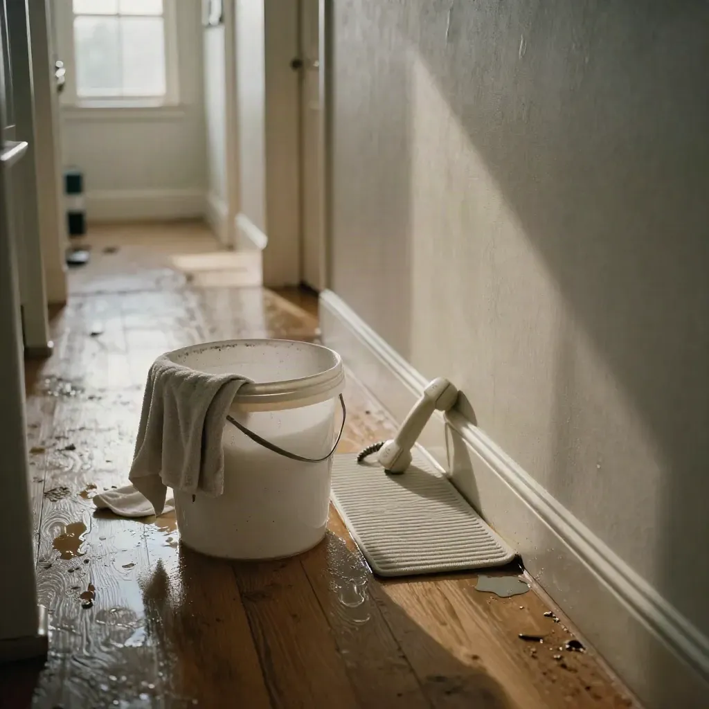 Flooded hallway with bucket, towel, handset and drying mat in warm afternoon light.