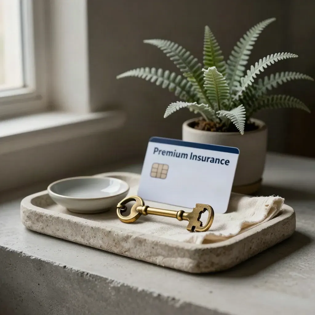Brass house key on cream linen with a ceramic dish and fern on a stone tray.