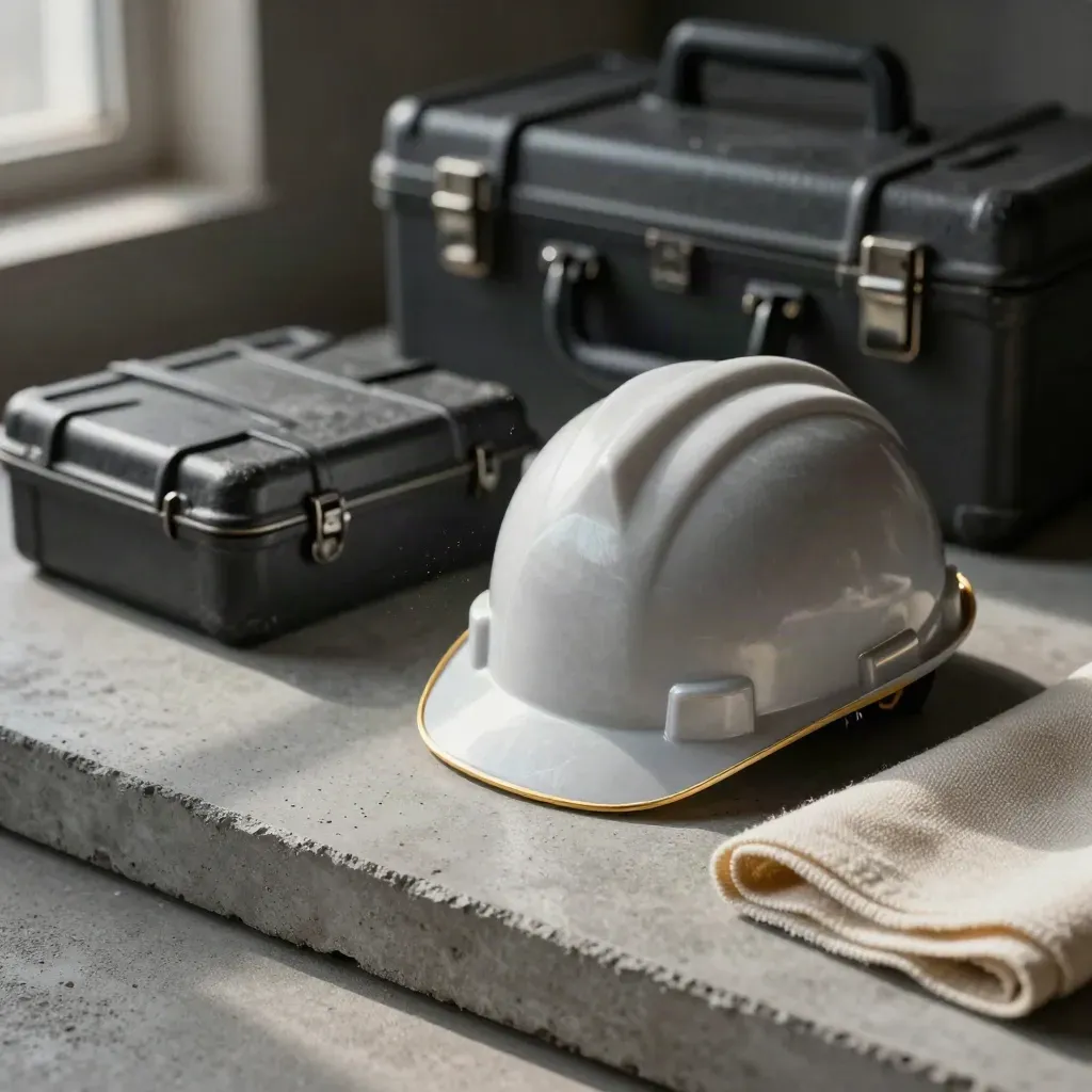 Miniature hard hat beside a closed tool case and folded dust sheet on a concrete tray.