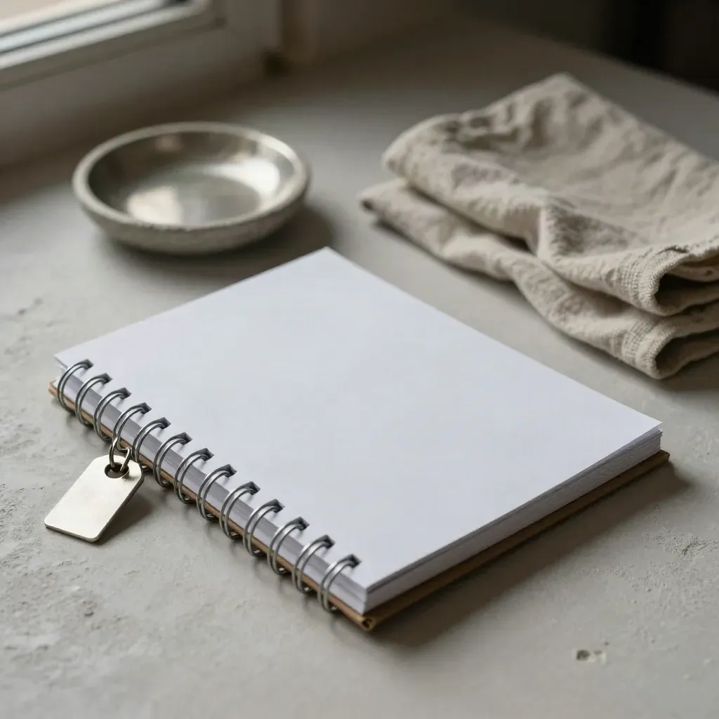 Face-down ring notebook with silver tag, stone dish and linen cloth on pale plaster