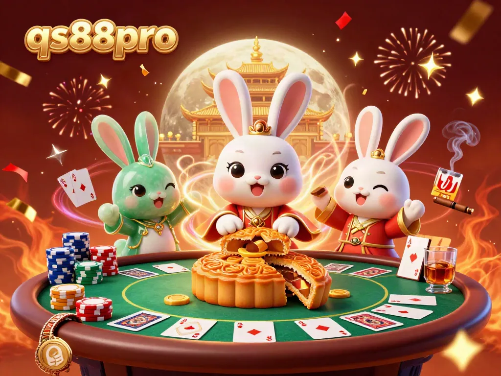 qs88pro engages players with a dynamic scene of a moon rabbit, poker tables, and festive elements.