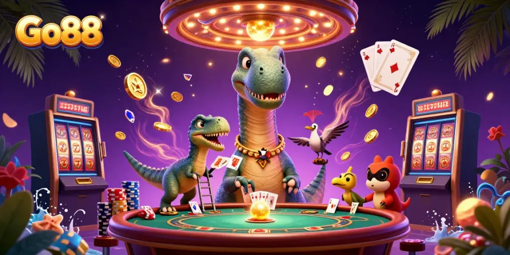 Experience thrilling gaming action at Go88 with a giant brontosaurus and clever raptor in a vibrant casino scene.