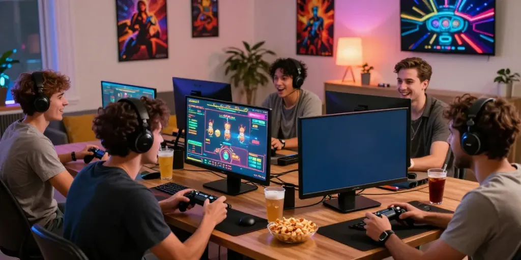 Friends playing an online casino not on gamstop game in a vibrant living room.