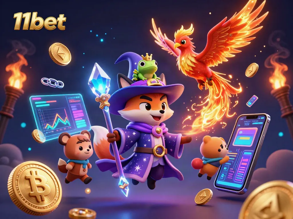 Experience thrilling gameplay with 11bet featuring a magical scene of a wizard fox, phoenix, and crypto elements.