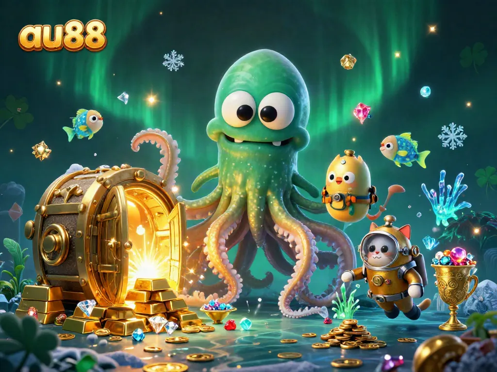 Experience the thrill of winning with au88 among golden treasures and a cartoon kraken!