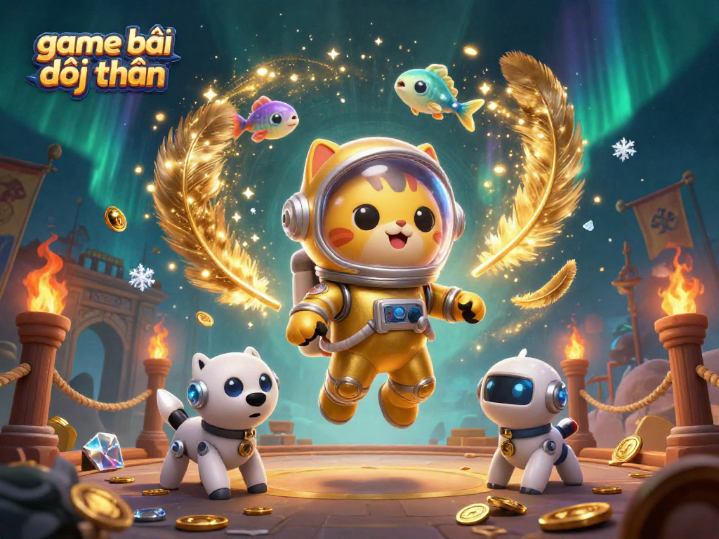 Experience game bài đổi thưởng with a dazzling 3D scene of a space astronaut cat and dramatic casino elements.