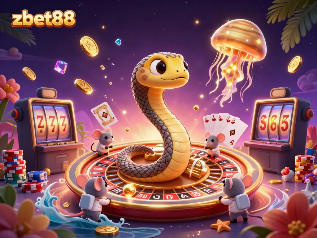 Experience the thrill of zbet88 with a cosmic scene of cartoon characters engaging in exciting gambling activities in space.