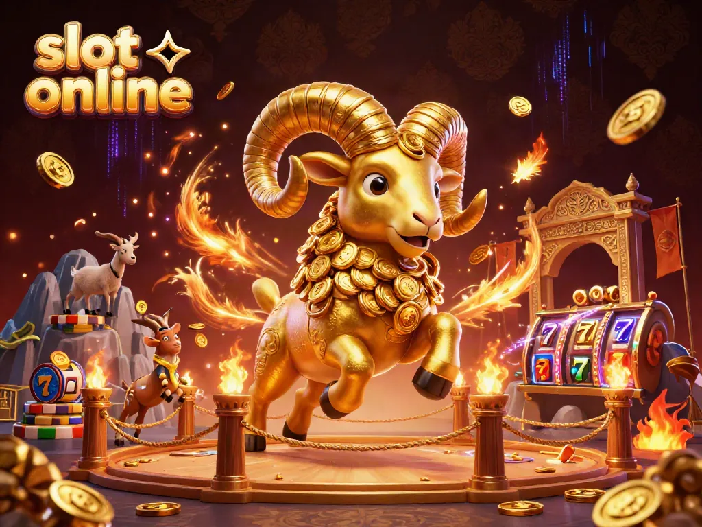 Experience the thrill of slot online games in a vibrant 3D casino scene filled with gold and energy.