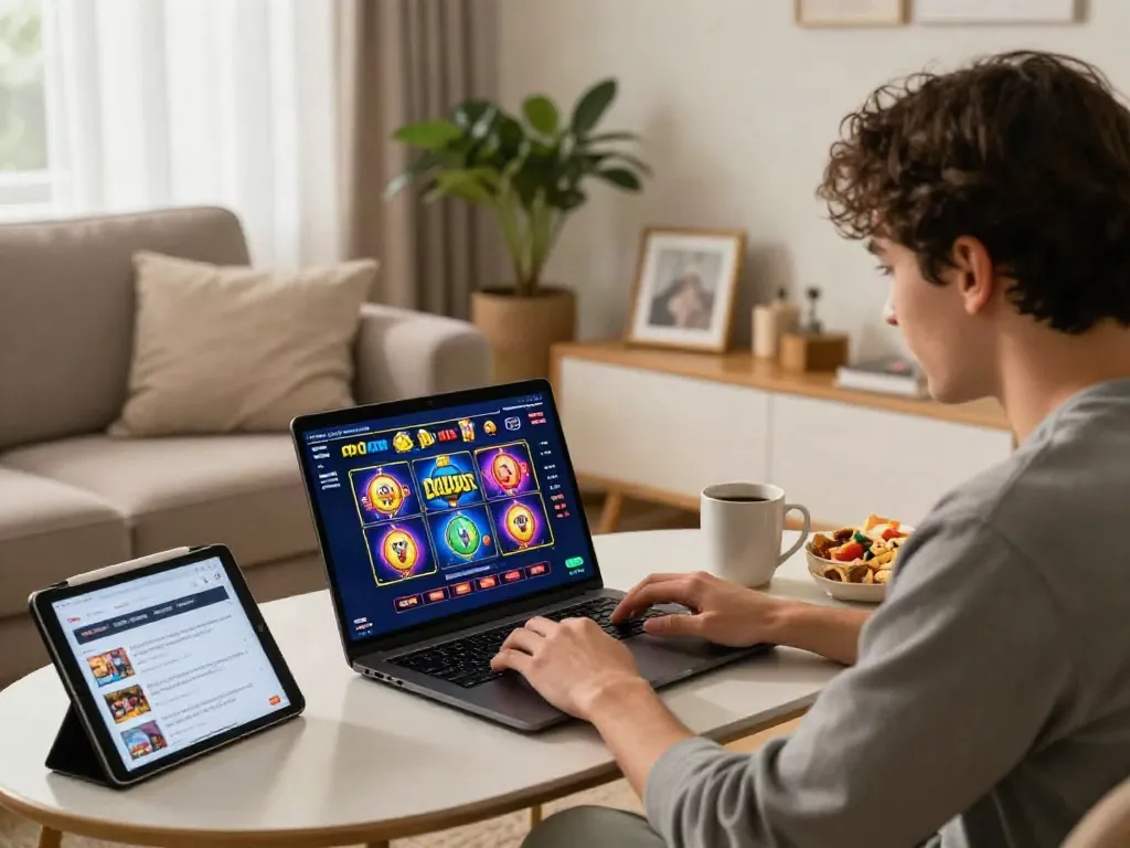Interactive gaming scene featuring bonus buy slots on a laptop amidst a cozy setting, snacks, and warm lighting.