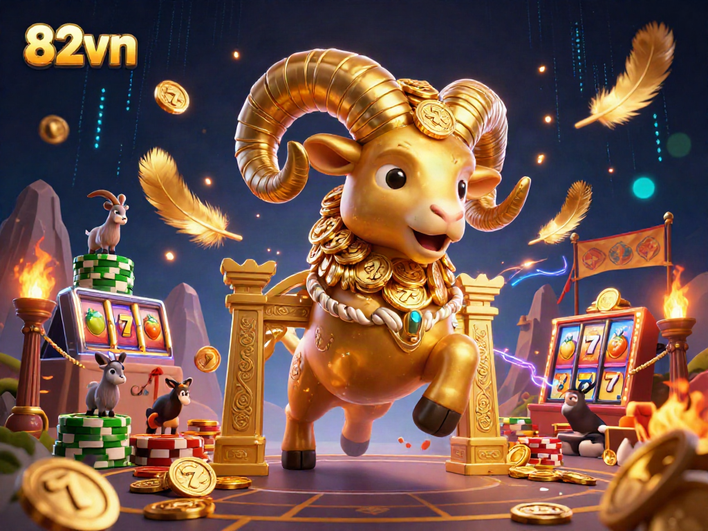 Engage with 82vn's thrilling casino experience featuring a vibrant 3D golden ram charging through a digital arena.