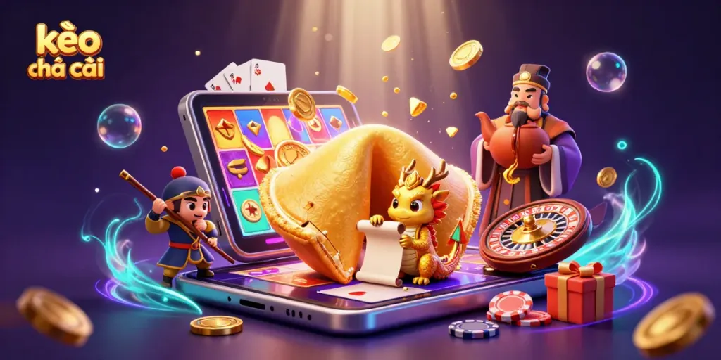 Experience the excitement of kèo nhà cái with a magical illustration of a fortune cookie and gaming elements.