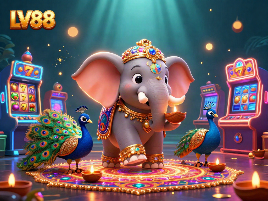 Play exciting slots with LV88 featuring a colorful elephant, peacock, and vibrant gaming elements.