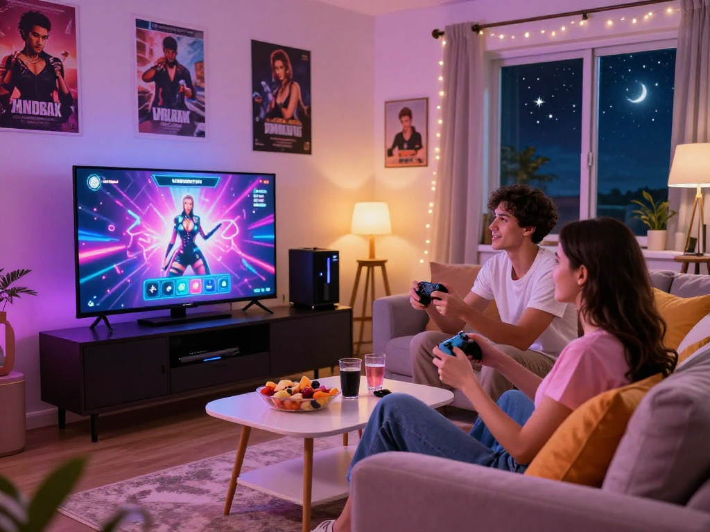 Engaged couple enjoying sex games together in a cozy living room.