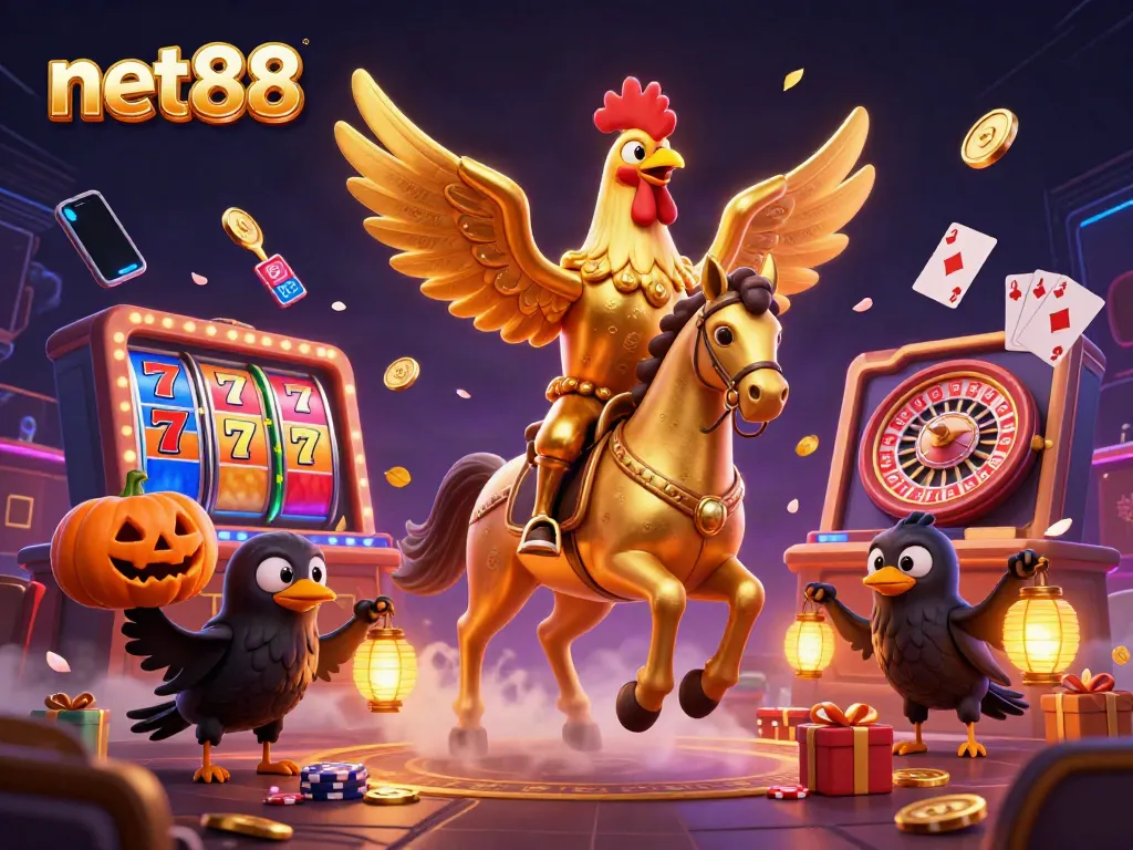 Experience excitement at net88 with a golden rooster racing through a magical casino scene filled with winnings.