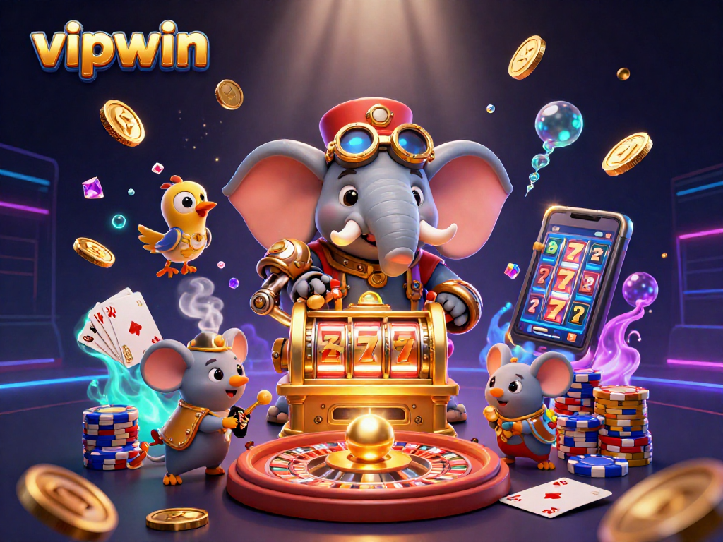 Experience thrilling jackpots at vipwin casino with vibrant 3D illustration showcasing slot machines and playful characters.