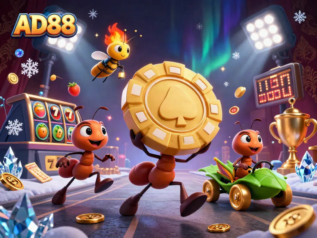 Experience the thrilling heist at AD88 with ants carrying a giant poker chip amidst vibrant casino elements.