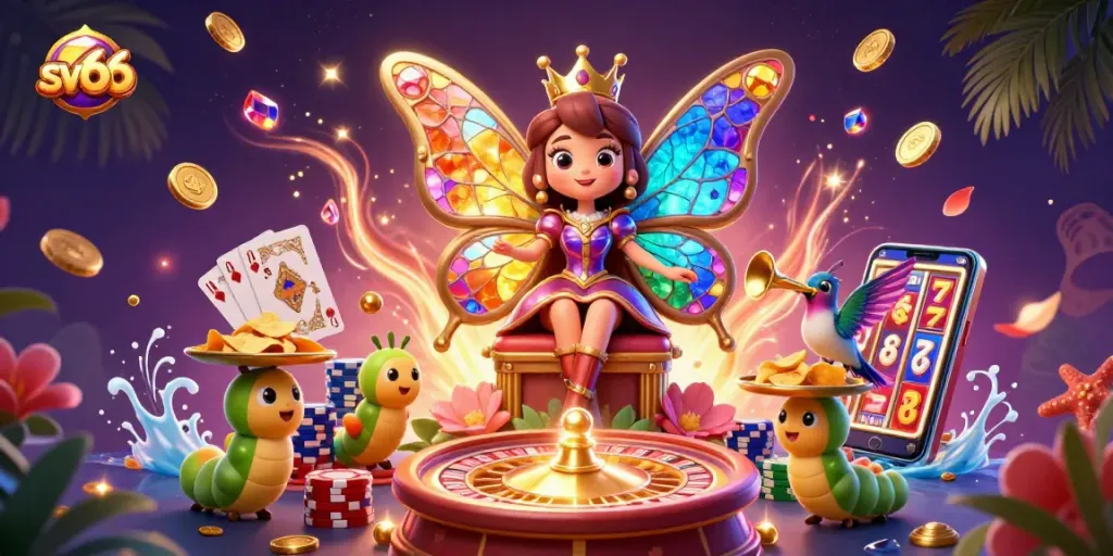 Experience sv66 casino excitement with vibrant slots, poker chips, and luxurious elements in a fantasy illustration.