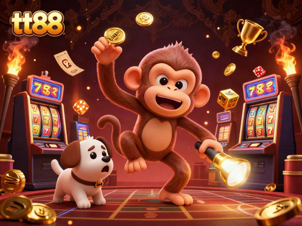 tt88 engages players with a lively casino scene featuring a mischievous phantom monkey juggling golden objects.