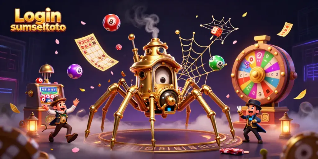 Engage with Login sumseltoto as a steampunk spider ensnares dice amidst vibrant casino elements.