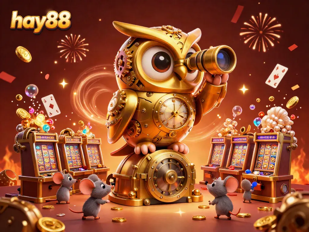 Experience exciting games at hay88 with a captivating owl overlooking vibrant casino elements.