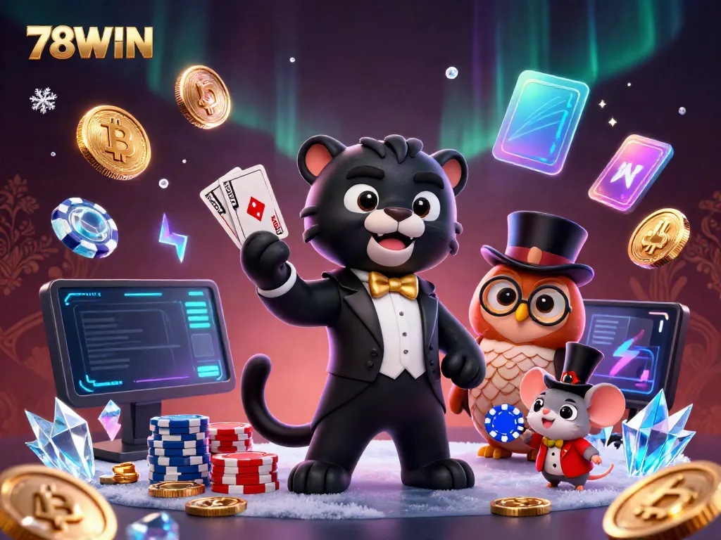 Engaging 78WIN casino scene featuring a stylish panther dealer, whimsical owl and lucky mouse amidst crypto coins.
