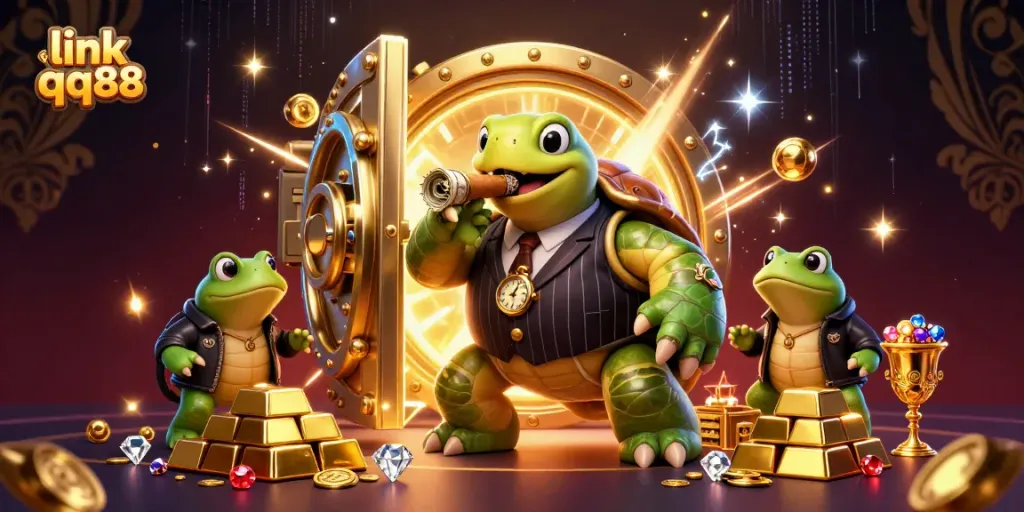 Engage with the vibrant scene of link qq88 featuring a snapping turtle mobster surrounded by treasure in a lively casino atmosphere.