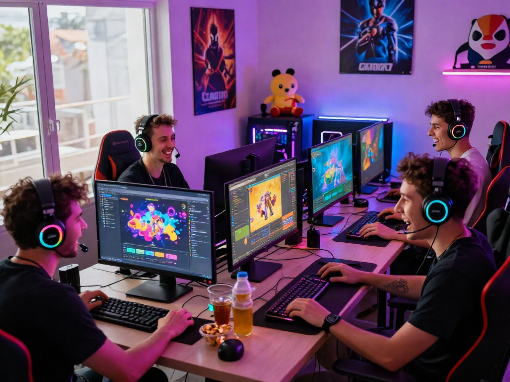 Friends enjoying free porn games on gaming PCs in a colorful, vibrant setup.